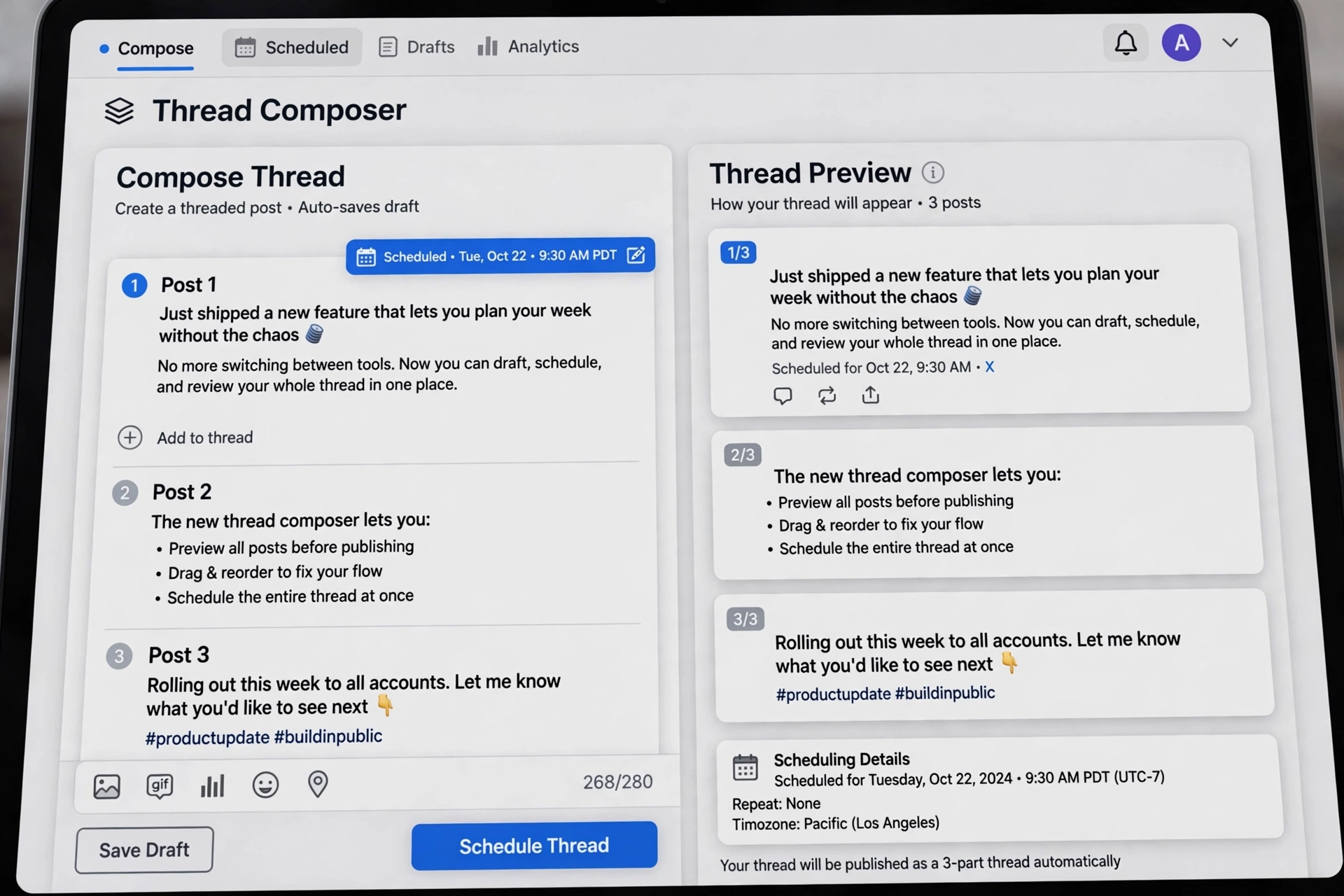 x twitter thread composer with scheduled posts preview