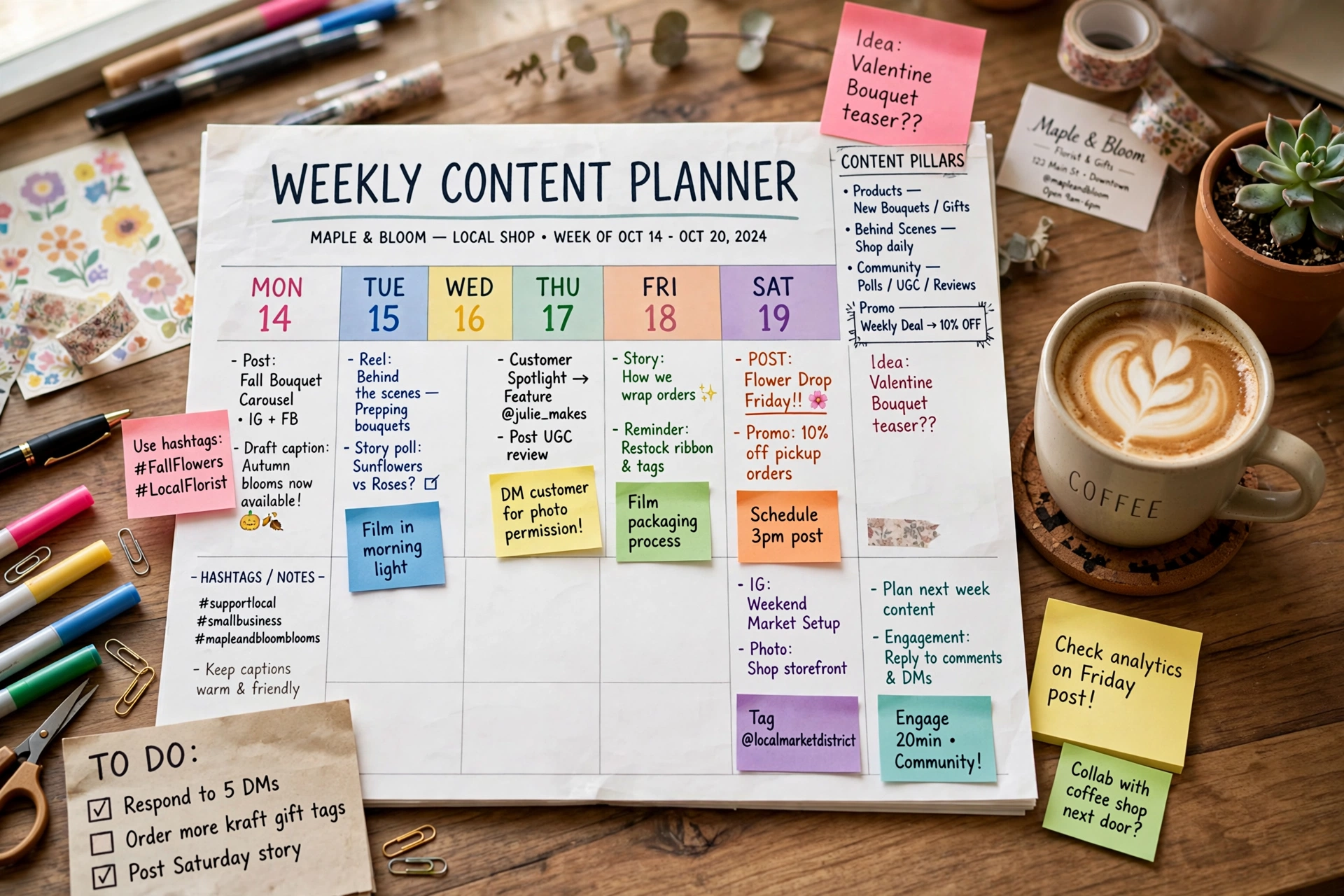 weekly social media content planner for local shop